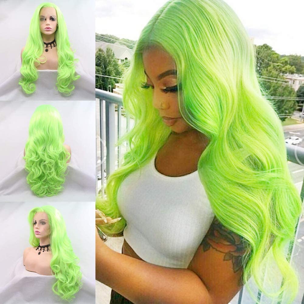 Fluorescent Green Lace Front Wigs for Women Neon Green Long Body Wave Synthetic Lace Front Wigs Pre Plucked Natural Hairline Real Hair Wig Glueless Heat Resistant Fiber Hair Drag Queen 24 Inch — image 1