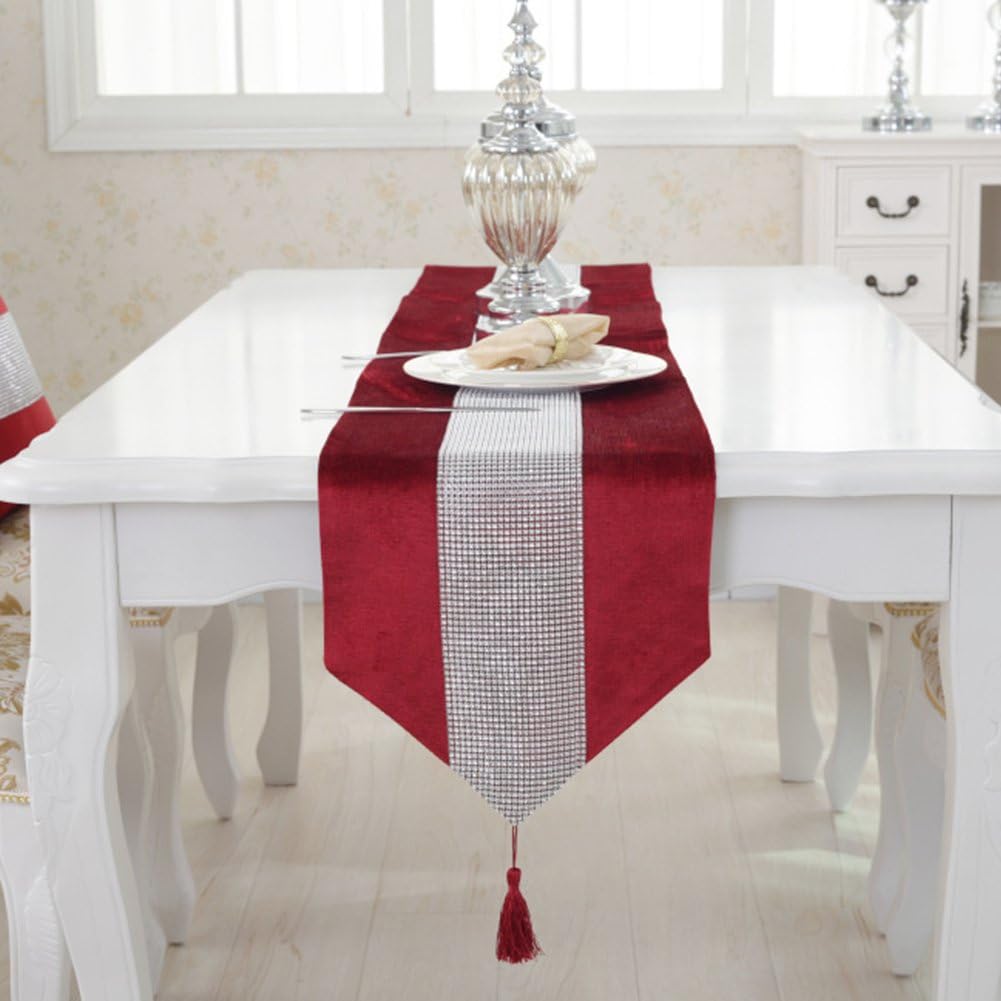 w5bhj88 Rhinestone Sequined Table Runner with Diamante Strip and Tassels, Luxury Dining Table Decoration for Wedding Party Thanksgiving Christmas, 13inch x 72inch(32180cm,Red)