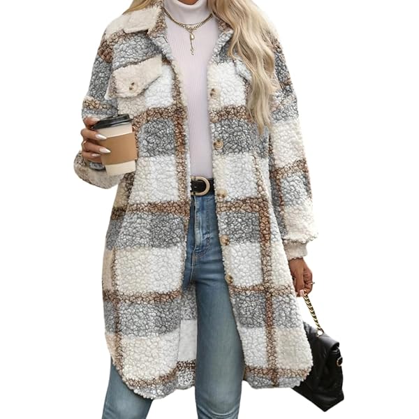 Fuzzy Fleece Plaid Jacket Womens Button Down Lapel Sherpa Shacket