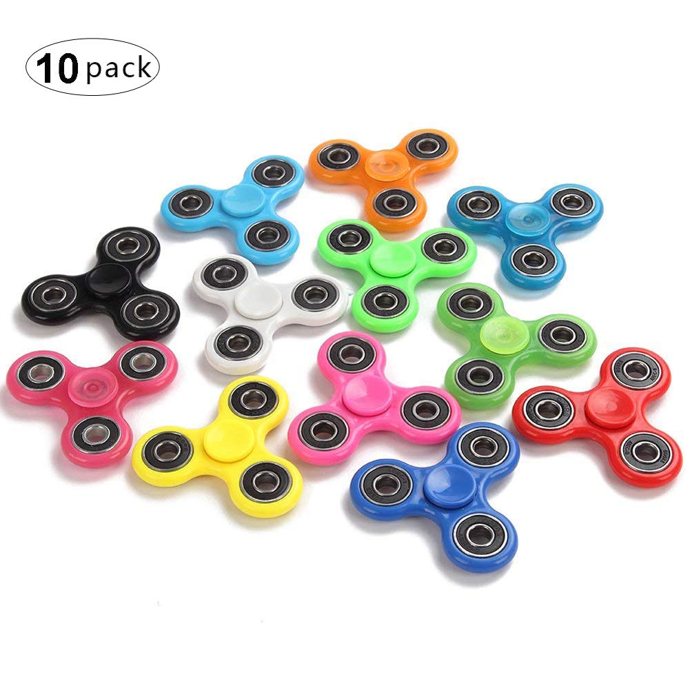 Fidget Hand Spinners 10 PC Color Bundle Bulk EDC Hand Tri-Spinner Desk Toy Stress Anxiety Relief ADHD Adults Student, Relax Therapy, Stress Pack Combo Green Red Black White Blue Yellow Glow Pink Glow