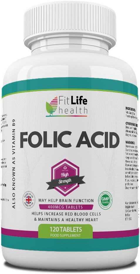 FOLIC Acid 400mcg by Fit Life Health - 120 Tablets - Four Months' Supply - Recommended for Women Trying to Conceive and for First Trimester of Pregnancy - Made in UK