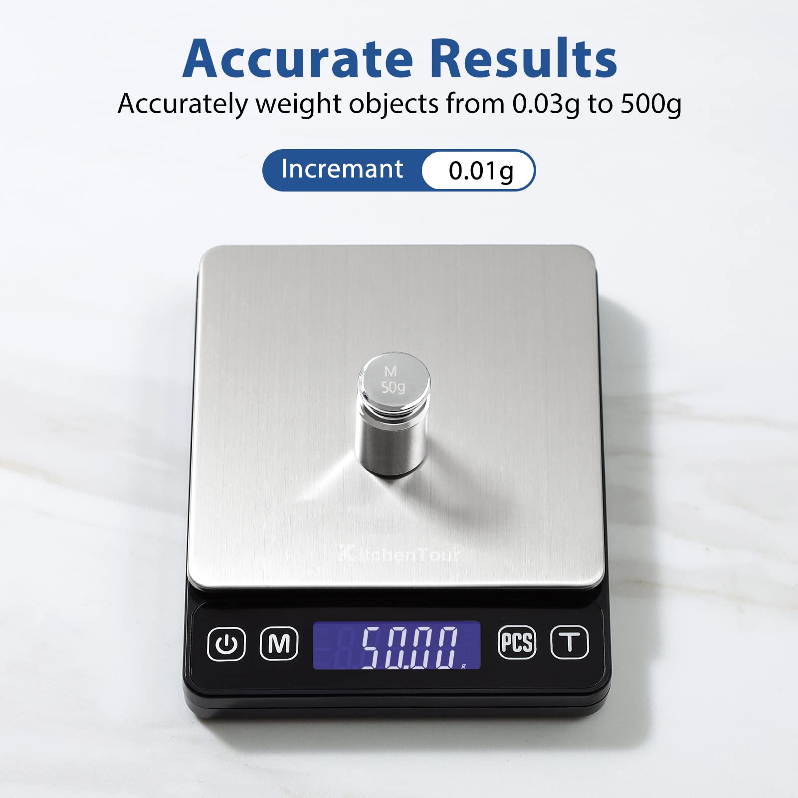 KitchenTour Digital Kitchen Scale - 500g/0.01g High Accuracy Precision Multifunction Food Meat Scale Small Scale Jewelry Lab Carat Powder Scale with Back-Lit LCD Display(Batteries Included)