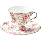 fanquare Rose Tea Cup and Saucer, Vintage Ceramic Tea Cups for Women Gift, Retro Floral Coffee Cup for Cappuccino Black Tea, 5oz