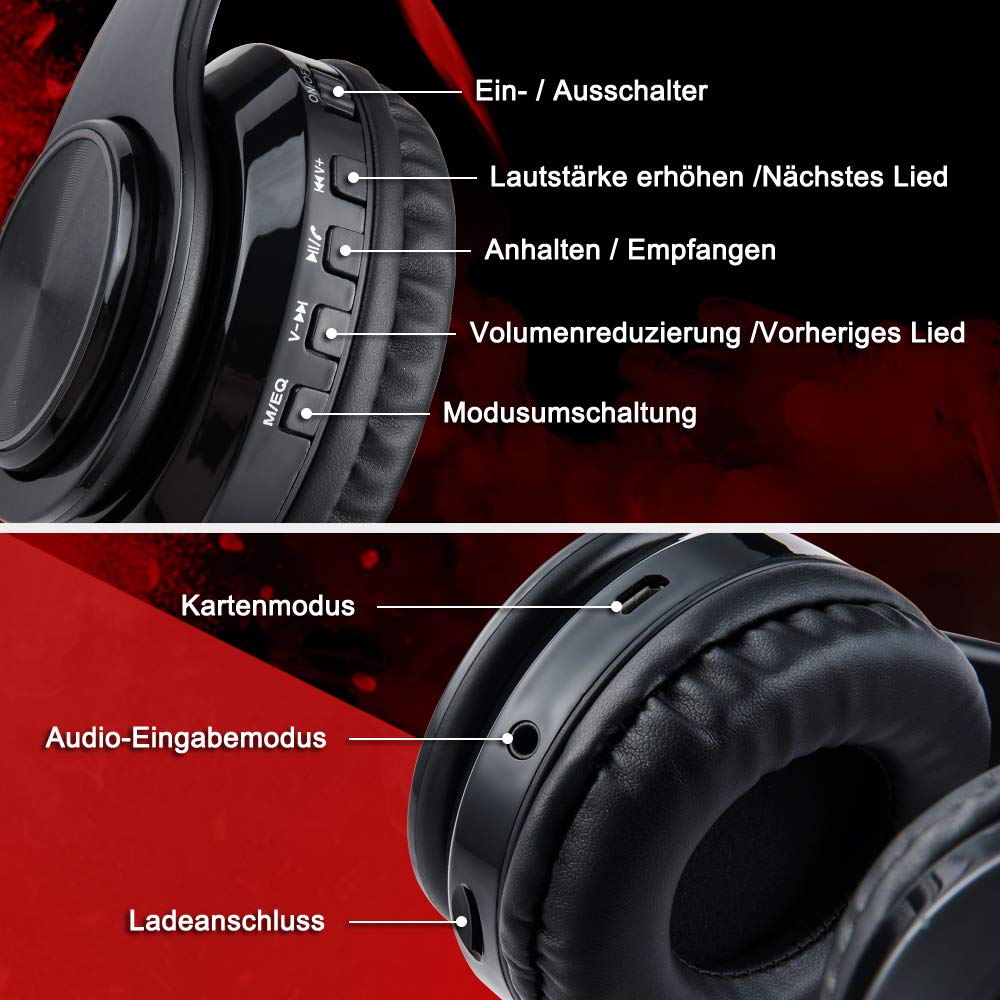 Ruicer Wireless Bluetooth Kopfhörer - Over Ear Kopfhörer Schwarz Funkkopfhörer Faltbare Headsets mit Mikrofon FM und LED-Licht