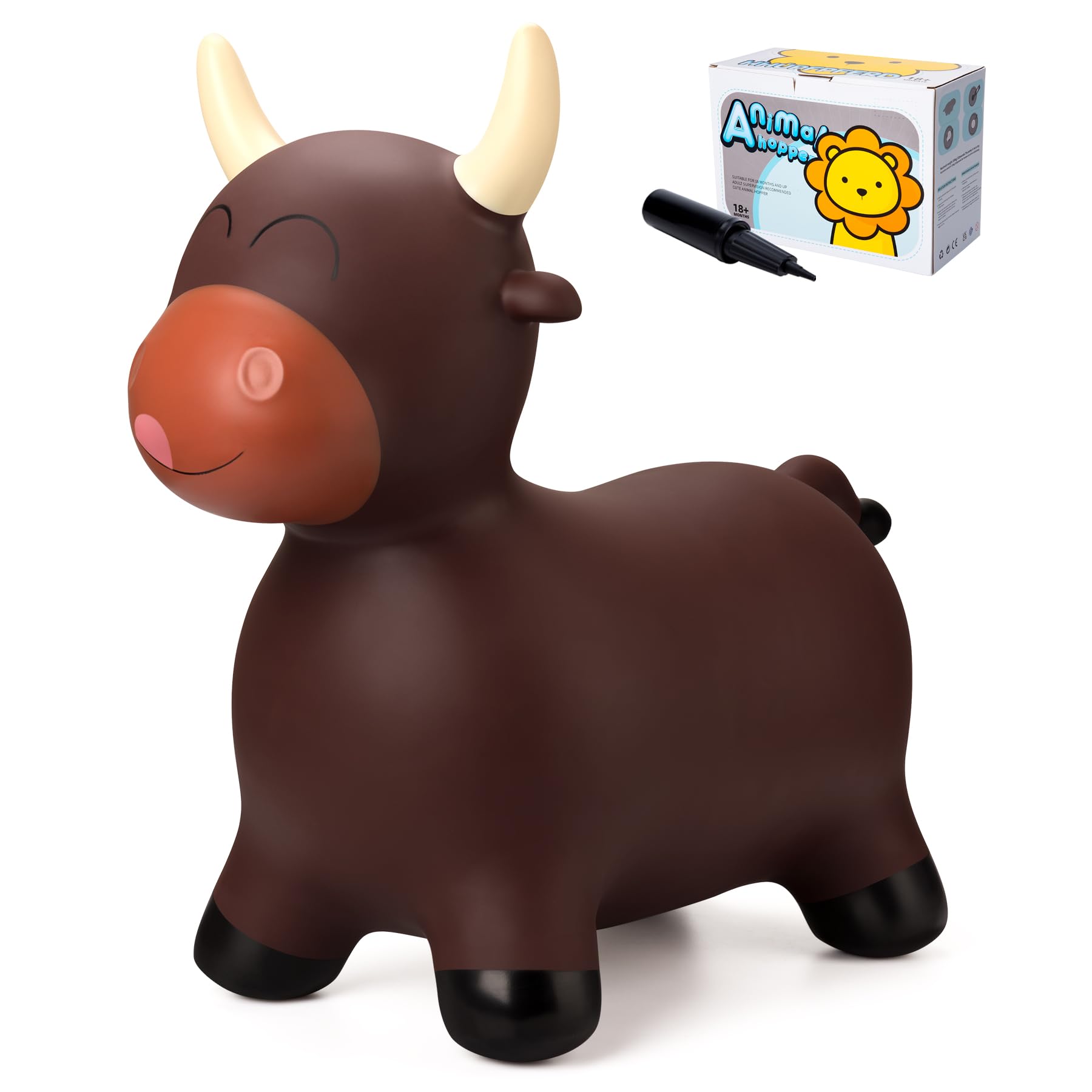 Vastoy Inflatable Brown Bull Animal Space Hopper for Kids 2-6 Years, Bouncy Hopper Ride-On Toy with Hand Pump, Indoor Outdoor Play Develops Balance & Strength