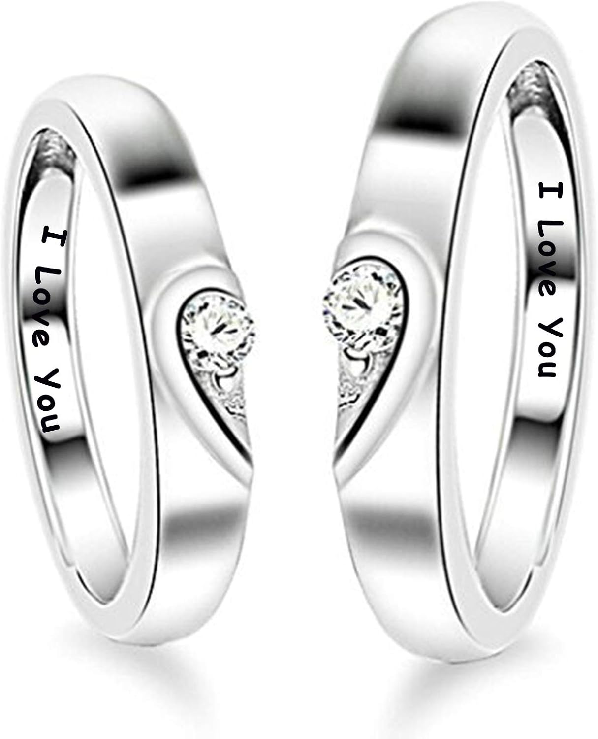 KnSam Pair of 925 Sterling Silver Love Heart Partner Rings Wedding