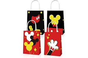 EBWHOLE 12 Pcs Cute Mouse Party Favor Bags, Cartoon Birthday Party Supplies Including 4 Patterns Double Sided Printed Candy Goodie Treat Bags with Handl (A)