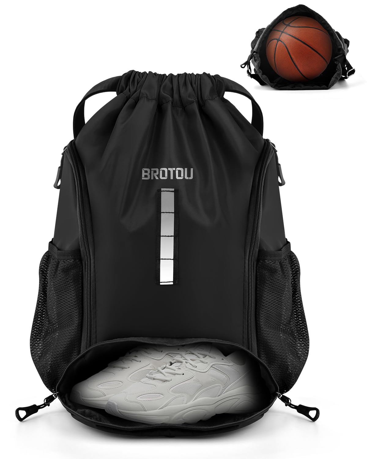 BROTOU Waterproof Drawstring Sports Backpack, Unisex PE Backpack Gym Bag with Large Shoe Bag, for Football, Basketball, Volleyball (Black)