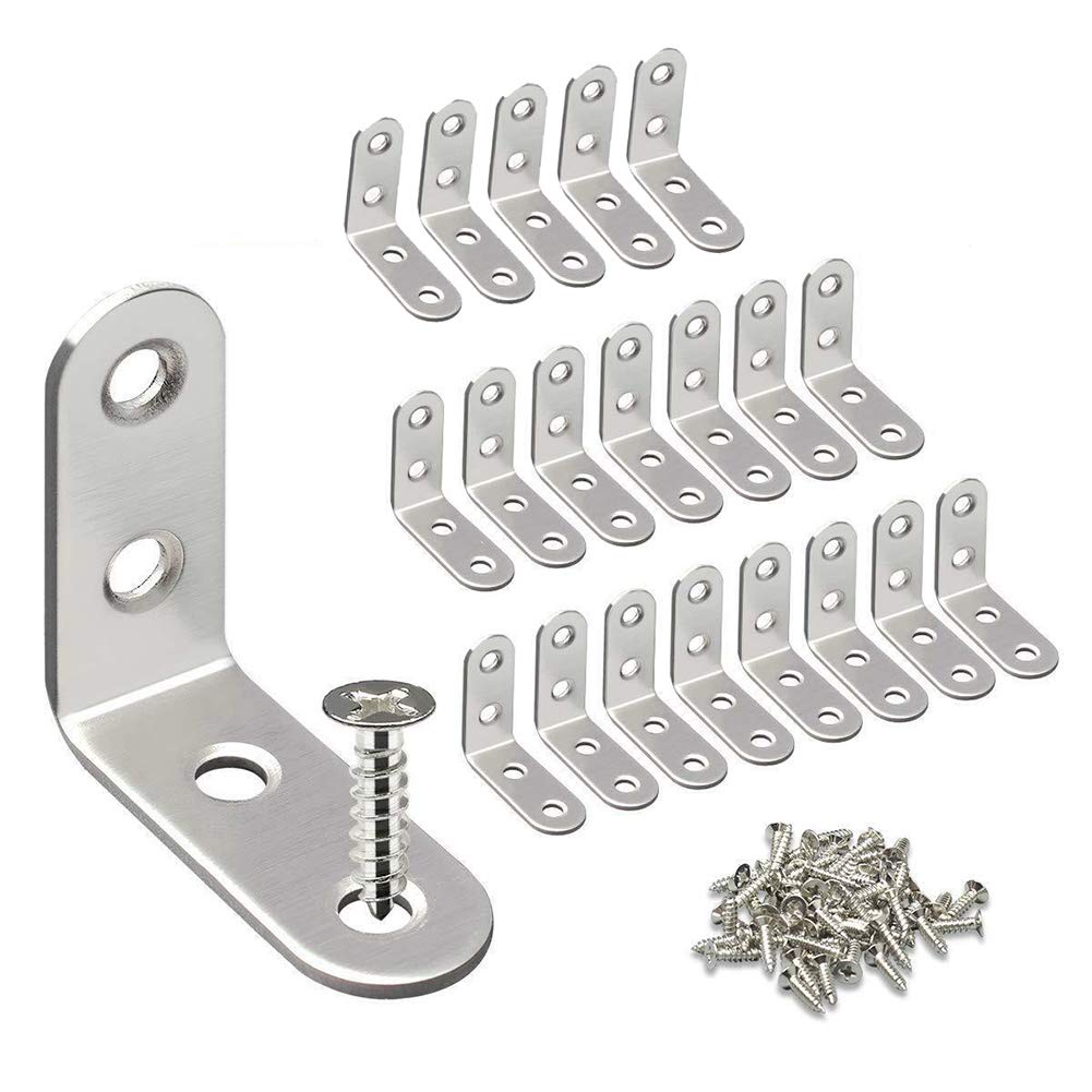Gasea 20pcs Corner Brackets with 80pcs M4 Screws – 90 Degree Right Angle L Shaped Braces | Stainless Steel Corner Fasteners for Furniture, Cabinets, Shelves & Woodworking (40mm x 40mm)