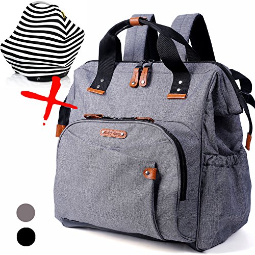 Diaper Bag Backpack, Wide Open Large Tote Bags with Stroller Straps and Changing Mat, For Men Or Women, Boys and girls (Gray)