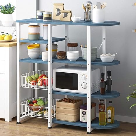 Amazon Co Jp レンジ台 レンジラック キッチン収納調味料ラックラック 食器棚 2ワイヤーバスケット付き多目的キッチンベイカーのラック電子レンジスタンド5ティア 4ティアシェルフ Blue Home Kitchen