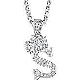 Richsteel Silver Crown Initial A-Z Necklace, Cubic Zirconia Letter Pendant with 22"+2'' Adjustable Chain, Men Women Bling Hip Hop Jewelry for Father's Day/Anniversaries/Birthdays