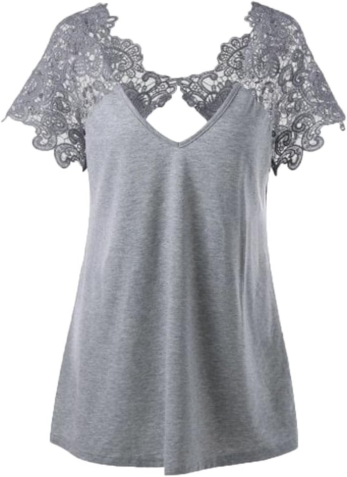 ANJUNIE Womens V-Neck Plus Size Lace Splicing Tunic Tee Short Sleeve Trim Cutwork T-Shirt Tops