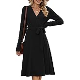 ZAFUL Women's 2025 Casual V Neck Long Sleeve Sweater Dress Wrap Ribbed Knit Pleated Midi Dresses with Belt