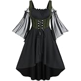 Rosegal Women Plus Size Punk Gothic Dress | Punk, Cold Shoulder, Flare Sleeves, Lace Up, High Low A Line Midi, Renaissance Corset Dress