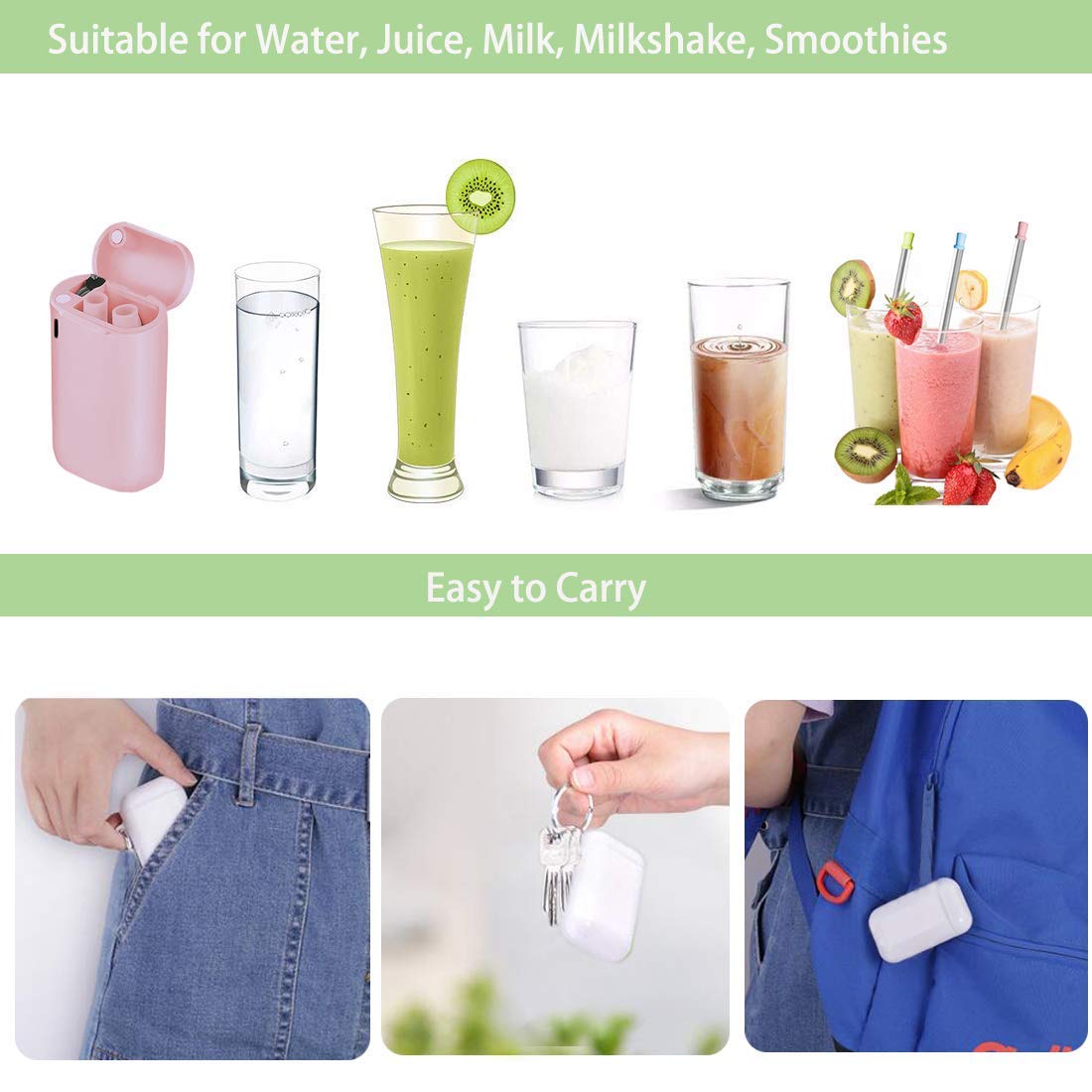 2 Packs Collapsible Reusable Straw, Gocheer Stainless Steel and Food-Grade Silicone Portable Set, with Hard Case Holder and Cleaning Brush, for Party, Travel, Household, Outdoor, etc.