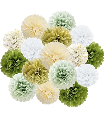 Kuailaihai 15-Piece Sage Green Paper Pom Poms Set - Boho Wedding & Party Decor In Multiple Sizes