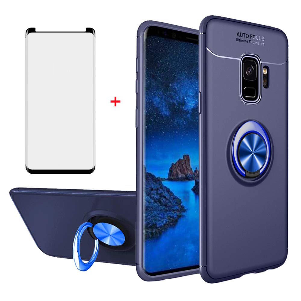 Phone Case for Samsung Galaxy S9 with Tempered Glass Screen Protector Cover  Magnetic Stand Ring Holder Cell Accessories Kickstand Full Body Shockproof