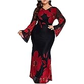 Verdusa Women's Plus Size Floral Wedding Guest Dress Mesh Flare Sleeve Maxi Bodycon Dresses Brunch Outfits
