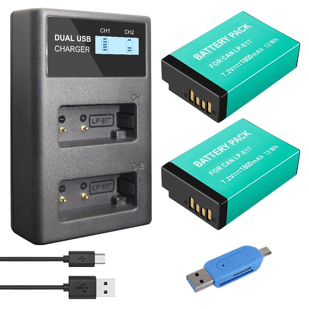 CITYORK 1800mAh 2-pack LP-E17 replacement battery and dual USB charger for Canon EOS R10, R8, RP, R50, R100, EOS 200D 77D 750D 760D 800D 8000D, EOS M3, M5, M6, Rebel SL2, SL3, T6i, T6s, T7i battery
