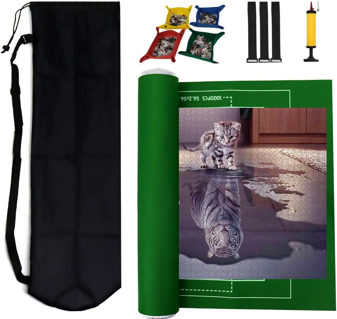 TNYGoods-Puzzle Roll Up Mat, Hold up to 1500 Pieces, with 45.7" X 26" Portable Storage and Transport Felt Mat, Inflatable Tube, Mini Pump, Drawstring Storage Bag, 3 Elastic Fasteners, 4 Sorting Trays: Toys & Games