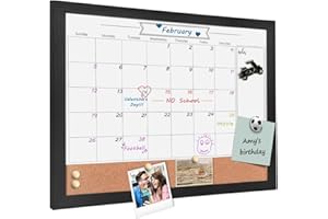 TORASO Whiteboard Calendar & Corkboard, 13" x 17" Magnetic Surface Combination Dry Erase White Board & Bulletin Board, Black Wood Framed Calendar/Cork Combo Board(ZHYL-BK-3442)