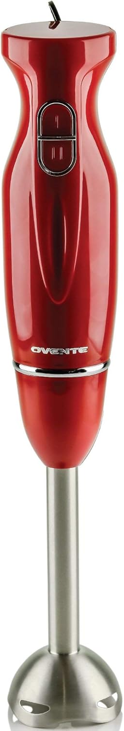Ovente Electric Immersion, 304-Grade Stainless Steel Blades, 300W Multipurpose Hand Blender Mixer, 2 Speed Settings, Red (HS560R), HS560R-Red (Renewed)