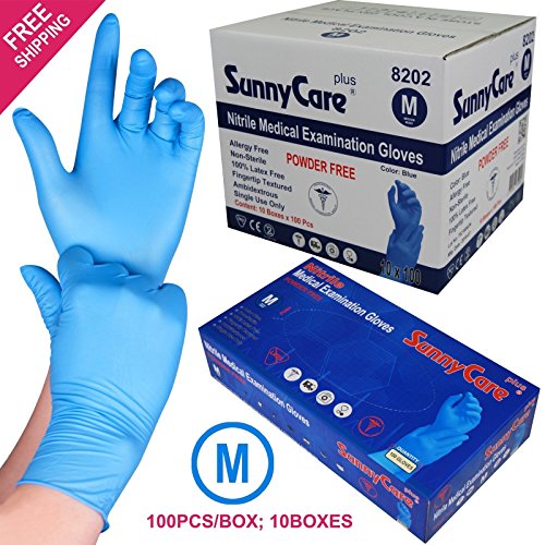 SunnyCare #8202 1000/1cases Blue Color Nitrile Medical Exam Gloves Powder Free (Latex Vinyl Free) Medium