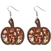 Handmade Glitter Fall Pumpkin Dangle Drop Earrings Colorful Lightweight Halloween Thanksgiving Pumpkin Wooden Earrings for Women Autumn Festive Holiday Jewelry Thanksgiving Halloween Gifts