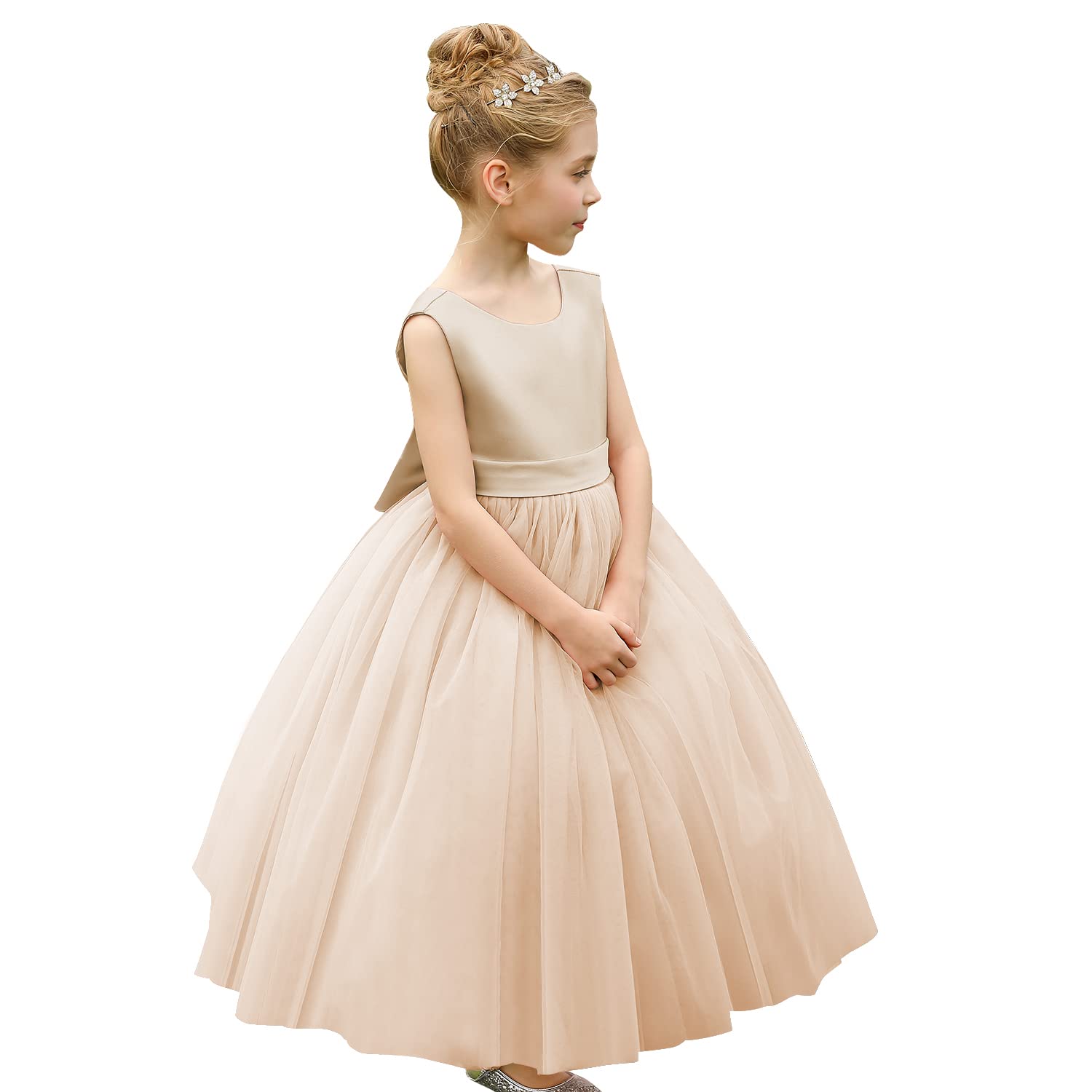 Photo 1 of **dirty***ABAO SISTER Flower Girls Satin Tulle Princess Pageant Dress for Wedding Kids Party Prom Ball Gowns Dresses (Size 2,Champagne)