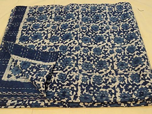 Indigo Pure Cotton Bedspread Queen Size Quilt Block Print Kantha Stitch Kantha Quilt Indian Bed Cover Reversible Throw Orange Quilt