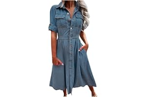 BADHUB Women Jean Shirt Dress Long Sleeves Waist Ties Casual Mid Long Chambray Denim Thicken Lapel Button Down Dresses