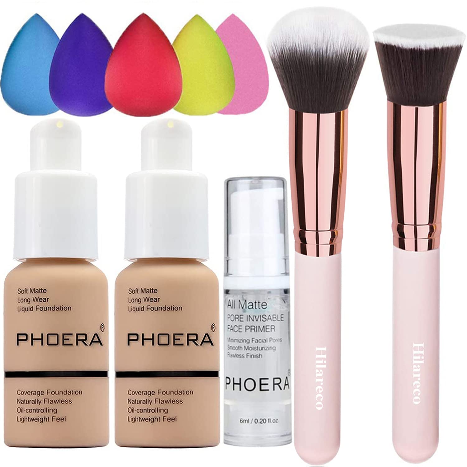2 Pack PHOERA Foundation Full Coverage Foundation PHOERA Primer,PHOERA Makeup Set,Kabuki Makeup Brushes Foundation Brush Powder Brush,5 Makeup Sponge,Matte Oil Control Concealer (104 Buff Beige)
