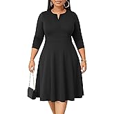 Runwind Plus Size Midi Dress for Women Casual Cocktail Church 3/4 Sleeve V Neck Work A-Line Dresses with Pockets