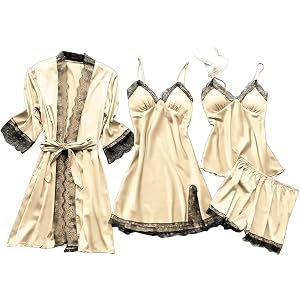 YMAMIYO Robe Sets For Women Sexy Lace Built In Bra Sleepwear 4pcs Soft Satin Pjs Summer Bridal Pajamas With Tie Waist Robe