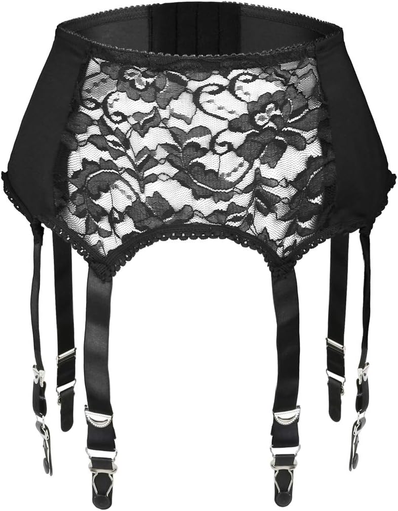 Women Lace Garter Belt with 6 Straps Metal Clip Suspender for Stockings/Lingerie