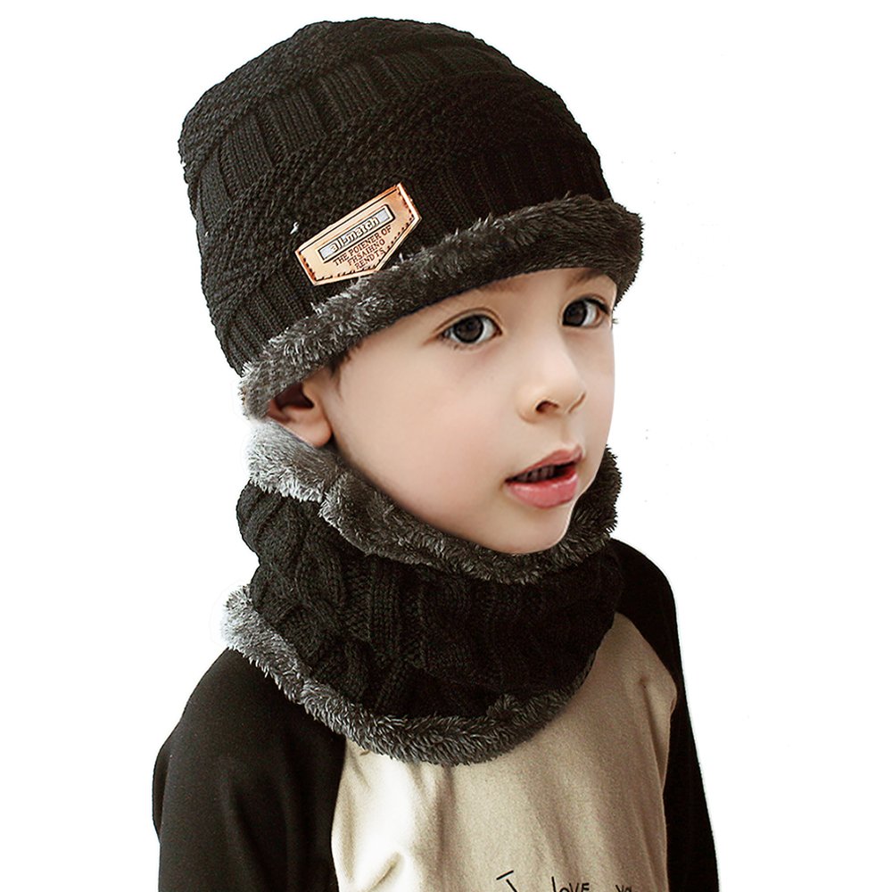 Chapeau d\'hiver et écharpe pour Garçons Filles, JUSTIME Bonnet Tricoté pour Enfants et écharpe Cercle (5-14 ans) (Noir)