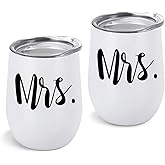 GINGPROUS 2 Pack Mrs and Mrs Wine Tumbler Set, Lesbian Couple Idea for Girlfriend, Engagement Wedding Anniversary LGBT Idea 12 Oz Insulated Stainless Steel Wine Tumbler with Lid, White