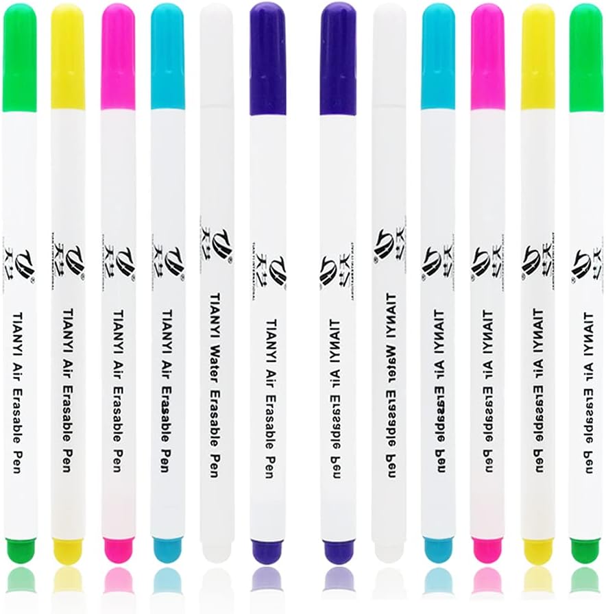 Fabric Marking Pens, 12 Pcs Disappearing Erasable Ink Fabric Marker Pen for Quilting, Dressmaking, Sewing Marking & Tracing Tools (6 Colors)