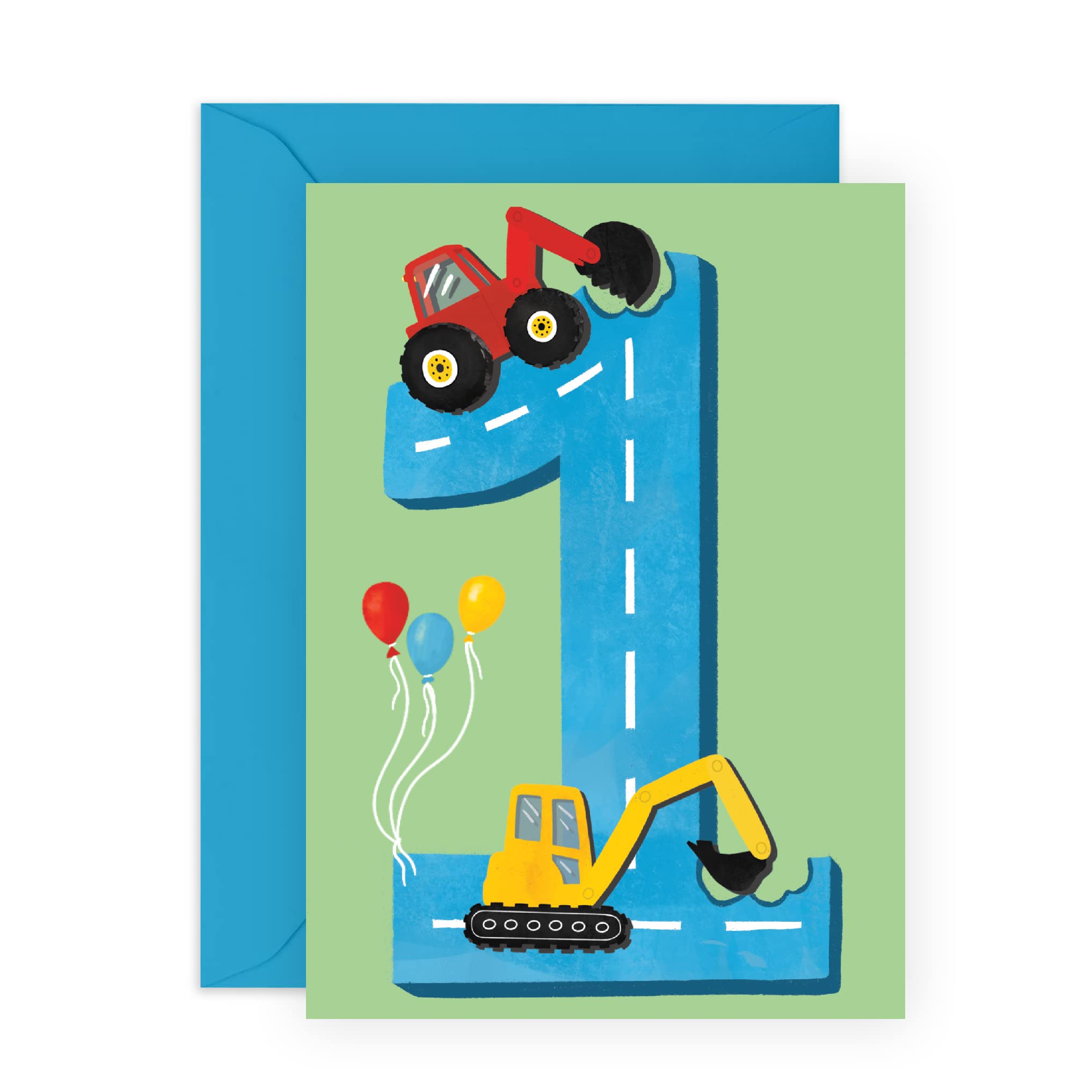 Photo 1 of CENTRAL - Happy 1st Birthday - Age 1 - One Year Old - Tractors Greeting Card - Fun Construction Vehicle Themed Card for Kids - Son, Grandson, Toddler