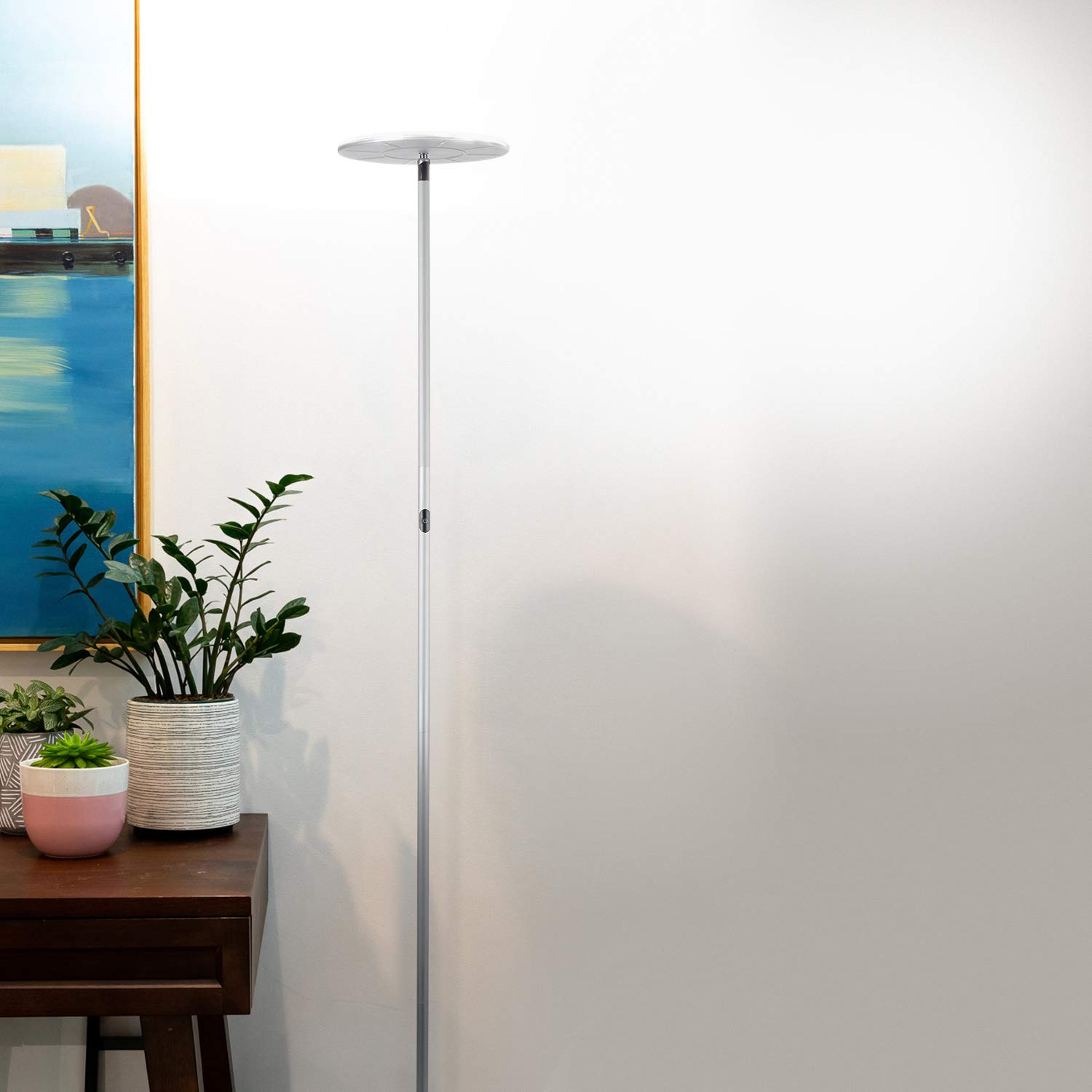 Brightech Sky Flux Dimmable LED Floor Lamp – Super Bright Floor Lamp for Living Room and Offices – Torchiere Standing Lamp with 3 Light Options, Tall Lamp for Bedroom Reading and More - Silver