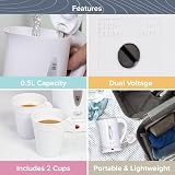 Quest White Compact Travel Kettle 0.5L 600W Dual Voltage with 2 Cups view 4