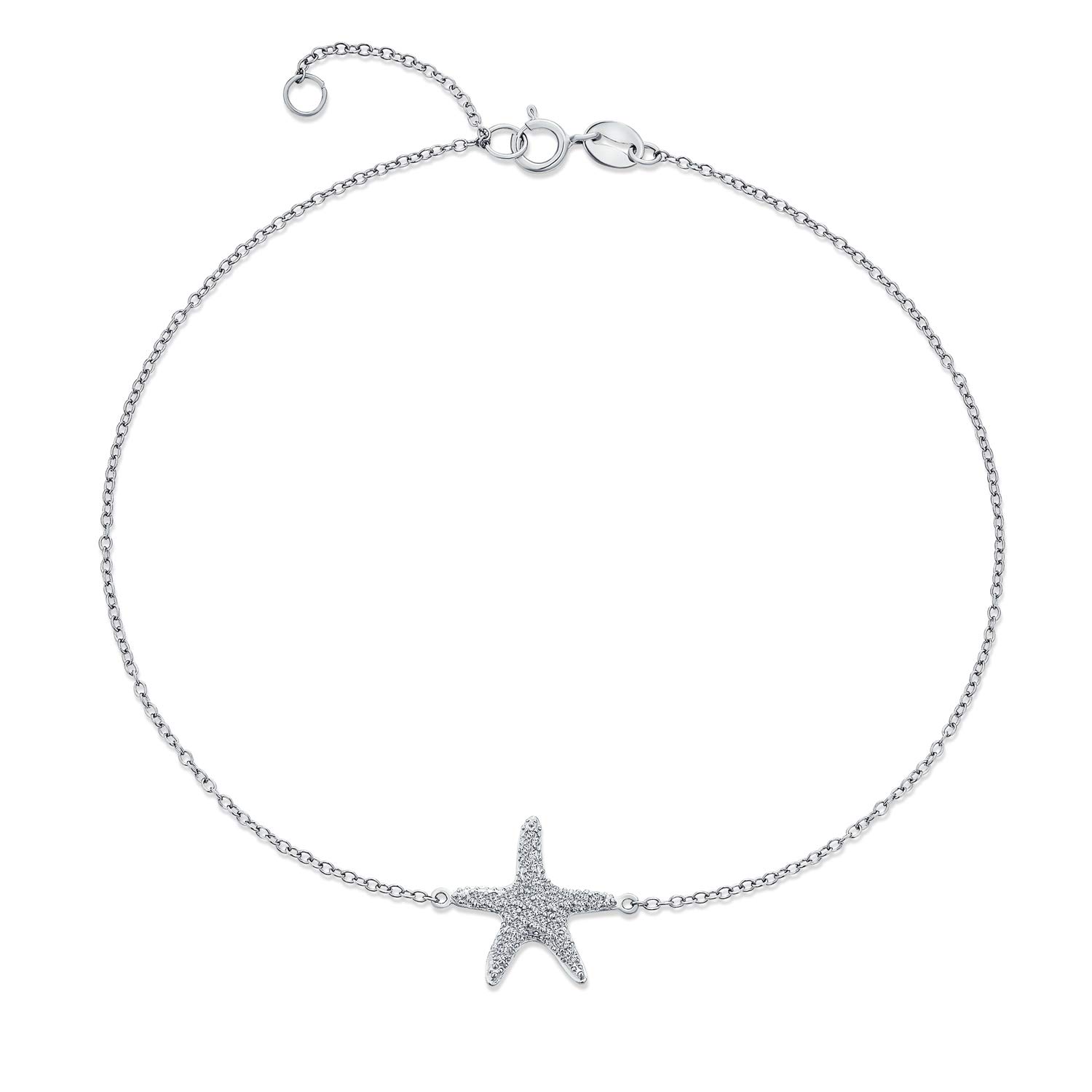 Bling Jewelry Vacation Beach CZ Nautical Starfish Anklet Ankle Bracelet For Women Teen .925 Sterling Silver 9-10 Inch Adjustable