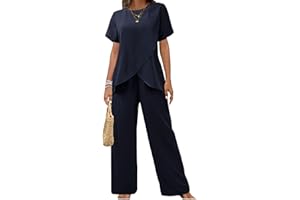 2 Pieces Pants Suits for Women Dressy Short Sleeve Tops and Loose Pants Sets Ruffle Layered Formal Guest Outfit