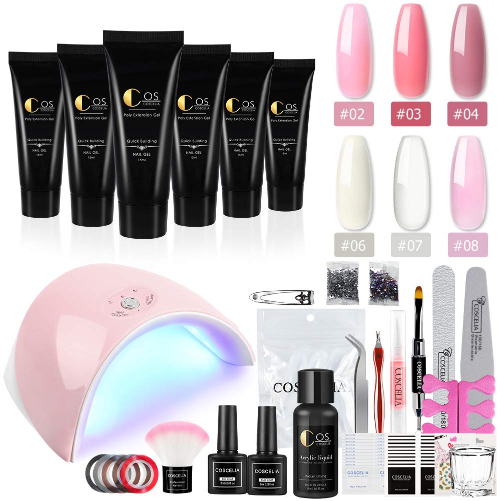 Fashion Zone 6 Colors Poly Nail Gel Kit, Quick Nail Extension Builder Top and Base Coat Set with 36W UV LED Dryer Lamp, Professional Manicure Tool for Home DIY Salon,15ml
