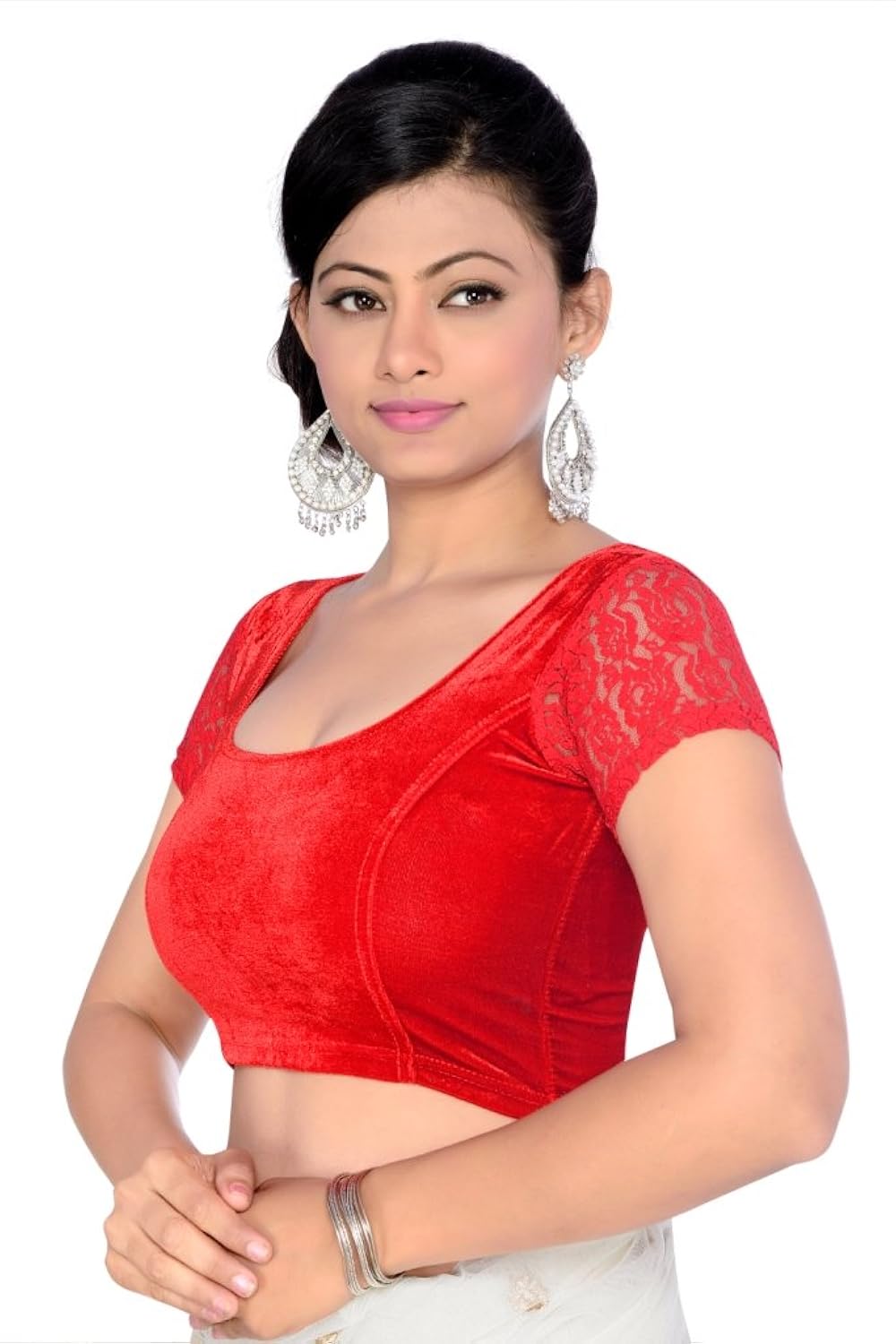 studio shringaar stretchable velvet blouse with lace sleeve.
