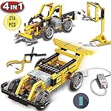 4 in 1 electric race car building set, 216 pieces kids DIY engineering vehicle race car, street sweeper, gripping pliers, basketball stand building blocks set with electronic motor, creative building