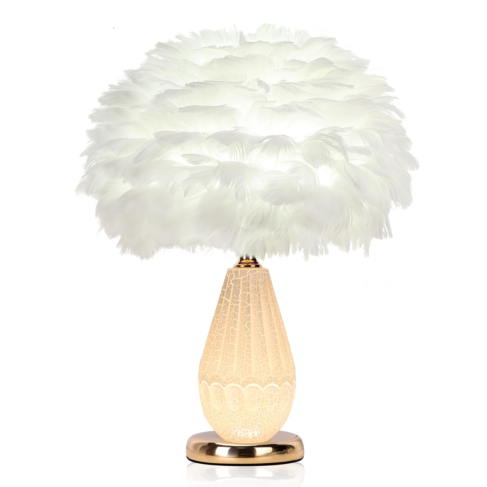 Photo 1 of LINCWONZ Feather Table Lamp with Cracked Ice Glass Bottle & Gold Base, 2 Separate Lights with Independent On/Off Control, 3-Color Mode Bedside Office Lamp (White)
