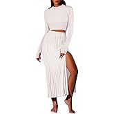 Pink Queen Women's 2 Piece Sweater Outfits Set Long Sleeve Crop Top Ribbed Split Bodycon Midi Long Skirt Knit Dresses