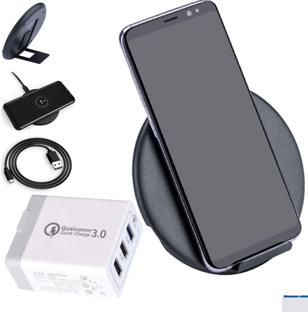 Wireless QI Fast Charger + Triple QC3.0 USB Wall Adapter - LarKoo Wireless Quick Charging Pad w/Detachable Magnet…